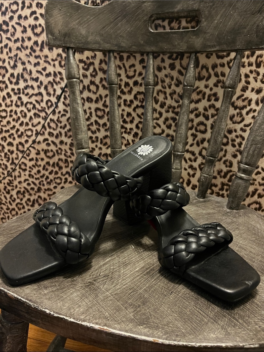 Black Braided Strap Block Heel Sandals
